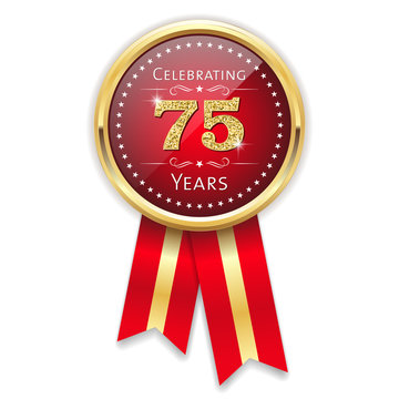 Red celebrating 75 years badge, rosette with gold border and ribbon