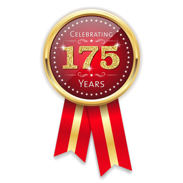 Red celebrating 175 years badge, rosette with gold border and ribbon