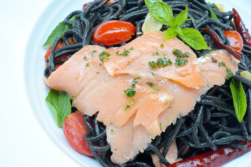 Black spaghetti sauce, chili, salmon