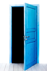 Opened wooden door on a white background. Choosing the right pat