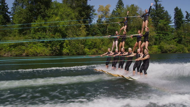 Water ski team in double pyramid formation