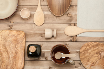 Cooking Tools. Kitchenware. Olive Wood Chopping Board. Top View.