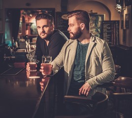 Cheerful old friends drinking draft beer at bar counter in pub.