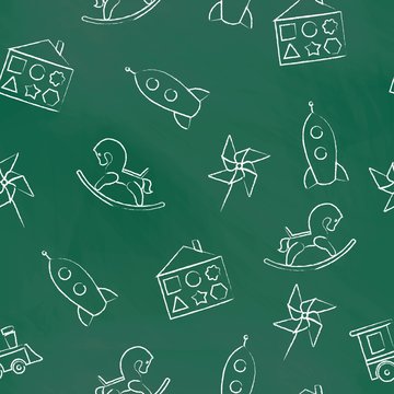 Seamless pattern  green chalk board with white children's chalk drawings. Hand-drawn style. Seamless vector wallpaper with the image of  rocking horse, rocket, locomotive, whirligig