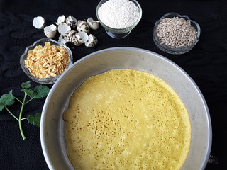 Pancakes with sago, sunflower seeds and rose petals, cooking vegetarian food with sago and quail eggs