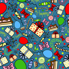 Бесшовный узор с подарками, конфетами, бантами, шариками, хлопушками