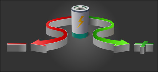 Vector battery and plus minus colored arrows at dark background