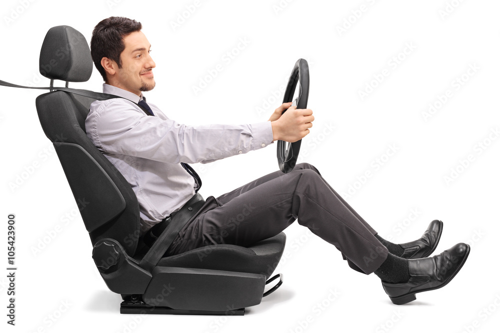 Poster man driving seated on a car seat