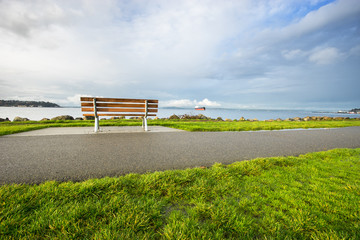 landscape of road through grassland near lake in morning