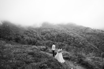 Fototapeta premium happy newly married couple posing in the mountains