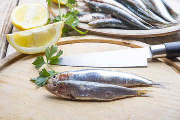 Delicious, raw fish on the wooden table