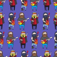 Seamless pattern with cute bearded men from a rock band