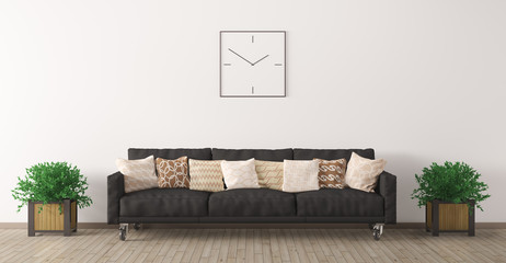 Black sofa against of white wall  3d render