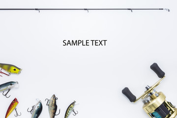 Fototapeta na wymiar Fishing gear on white background and space for text