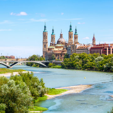 Aerial view of Saragossa, Spain with Basilica