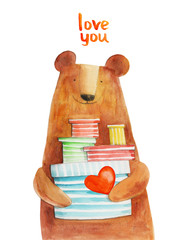 Bear with heart and boxes of gifts. Love you. Watercolor illustration - 105428339