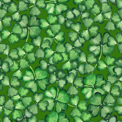Seamless pattern with green clover trefoil leaves. Hand drawn watercolor background. Original painting.