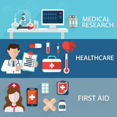 Health care and Medical flat banners set with research healthcare first aid