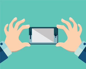 Hands holing smartphone, blank screen. Using mobile smart phone