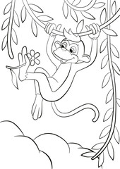 Coloring page. Little cute monkey is hunging in the liana in the forest and holding flower in the paw. It is smiling.