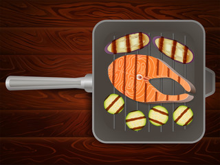 GRILLING PAN SALMON STEAKS VEGETABLES WOOD 3