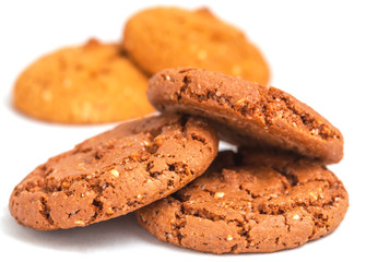 Macro oatmeal cookies isolated on white.