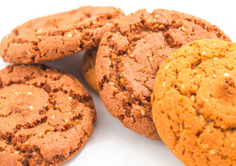 Macro oatmeal cookies isolated on white.