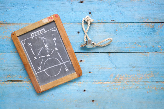 Black Board With Soccer  Tactics Diagram,whistle Of Soccer Traineror Referee