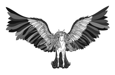 Beautiful Horse with mane and black wings.Pegasus.Drawning by pe