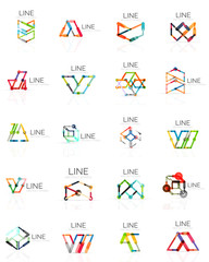 Set of linear abstract logos, connected multicolored segments lines in geometrical figures