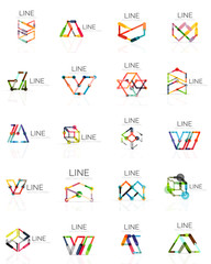 Set of linear abstract logos, connected multicolored segments lines in geometrical figures