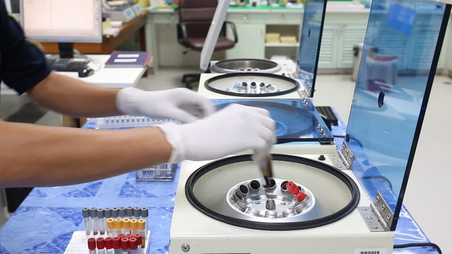 Medical lab technician loads centrifuge