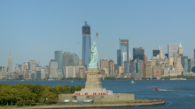 View of Statue of Liberty and downtown Manhattan