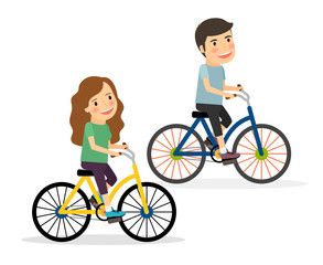 Couple riding bicycles. Young woman on bicycle and young man on bicycle vector illustration