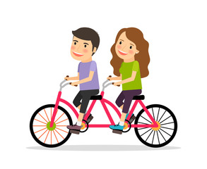 Couple riding tandem bicycle. Young people couple riding twin bike together. Vector illustration