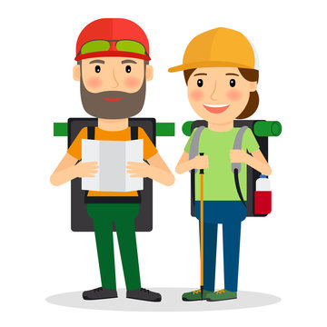 Hiking couple vector illustration. Couple of backpackers for camping in forest