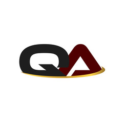 QA alphabet in grey and red with golden curve