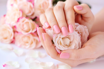 Hände einer Frau mit rosa Maniküre auf Nägeln und Rosen