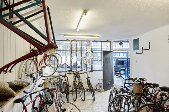 A bicycle shop, stocked with sports bikes, mountain and road bicycles, 