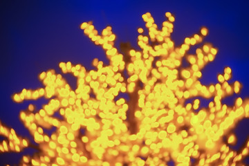 Gold glittering christmas lights. Blurred abstract background with copyspace area