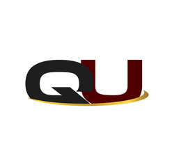 QU alphabet in grey and red with golden curve