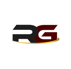 RG alphabet in grey and red with golden curve