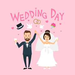 wedding married loving couple.bride and groom in wedding dress with glasses of champagne. wedding day concept illustration.