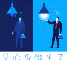 Vector business concept  illustration. Businessman in dark and light in the room. 