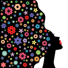 Vector illustration of abstract young girl face silhouette in profile with long floral hair
