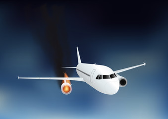 Naklejka na ściany i meble Falling damaged plane in fire