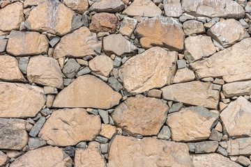 Natural dry stone wall. The  structures are constructed from stones or rocks  without any mortar to bind them together