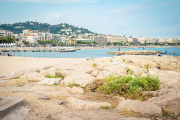 Fototapeta na wymiar People on the most popular beach in Cannes, France - Plage de la Croisette - the famous beach on the Croisette, known for its film festival.