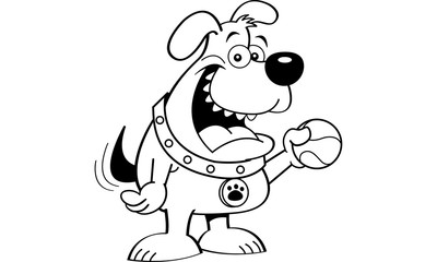 Black and white illustration of  dog holding a ball.