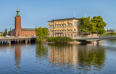 Fototapeta na wymiar Stockholm city-hall and Stromsborg, famous landmarks in Stockholm, Sweden.